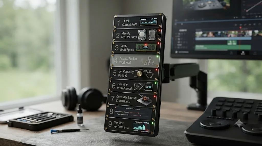 Illustration of a numbered nine step checklist for choosing DaVinci Resolve RAM speed and capacity