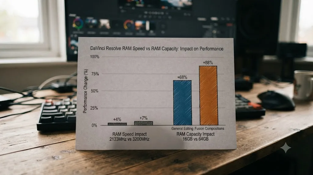 Illustration of a bar chart comparing DaVinci Resolve's small performance change from RAM speed against its much larger change from RAM capacity