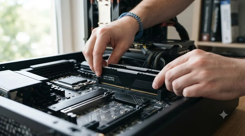 Illustration of hands installing a matched pair of RAM sticks into a desktop motherboard's paired dual-channel slots