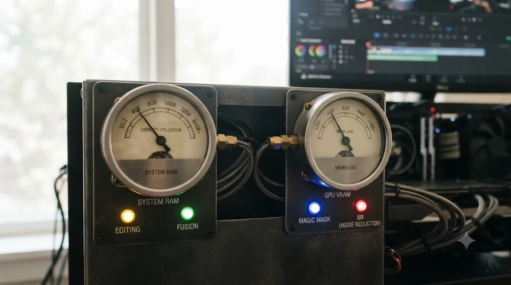Illustration of two separate gauges, one for system RAM feeding editing and Fusion and one for GPU VRAM feeding AI tools