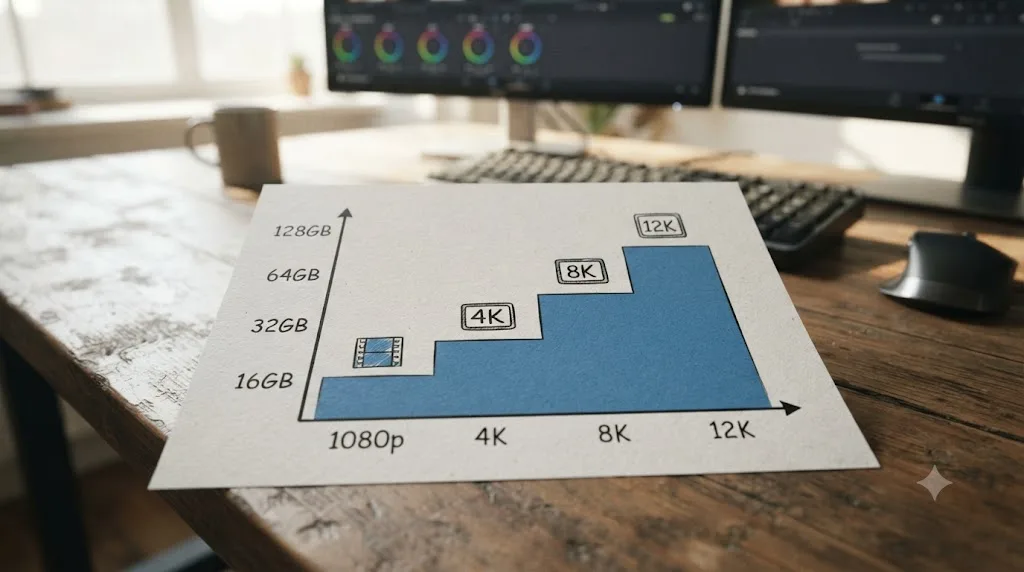 Illustration of a staircase chart showing recommended DaVinci Resolve RAM climbing from 1080p through 12K footage resolution