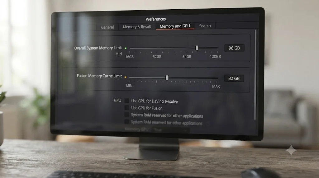 Illustration of the DaVinci Resolve Memory and GPU preferences panel with two labeled sliders for overall memory limit and Fusion cache