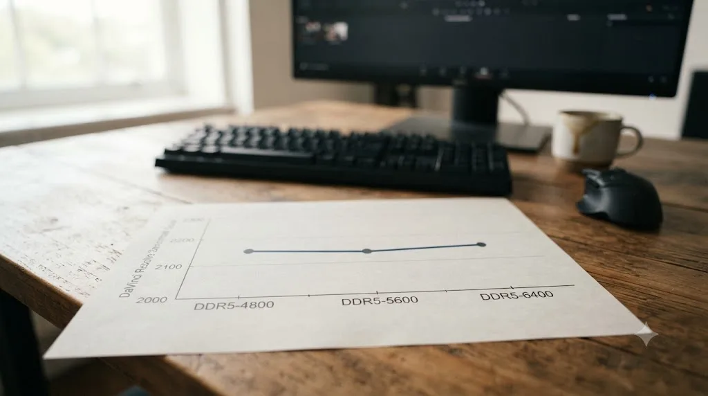 Illustration of a line graph showing DaVinci Resolve benchmark scores staying nearly flat across increasing DDR5 RAM speeds