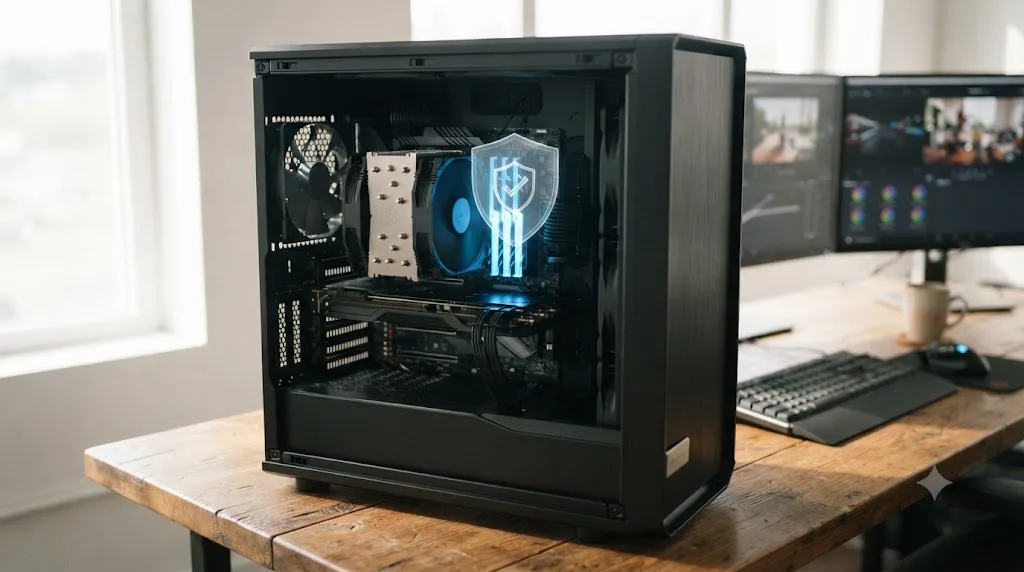 Illustration of a Threadripper style workstation with four lit RAM channels and an ECC shield icon over the memory modules