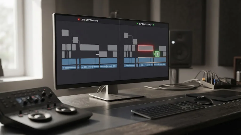 Illustration of comparing a current DaVinci Resolve timeline with a backup