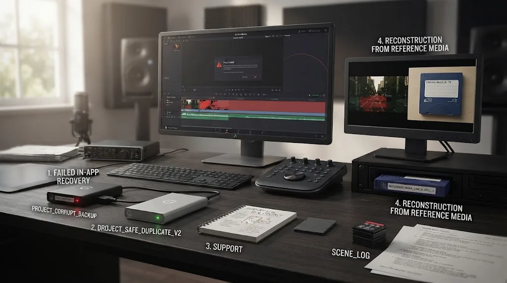 Illustration of escalating a failed DaVinci Resolve timeline recovery safely