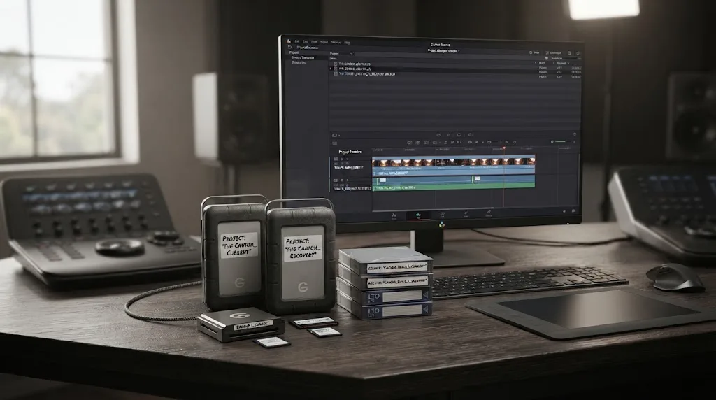 Illustration of a safe DaVinci Resolve recovery workspace with duplicated project copies