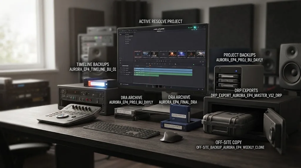 Illustration of a layered DaVinci Resolve backup plan