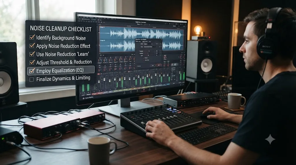 Illustration of a six step background noise cleanup checklist overlaid on a DaVinci Resolve Fairlight page