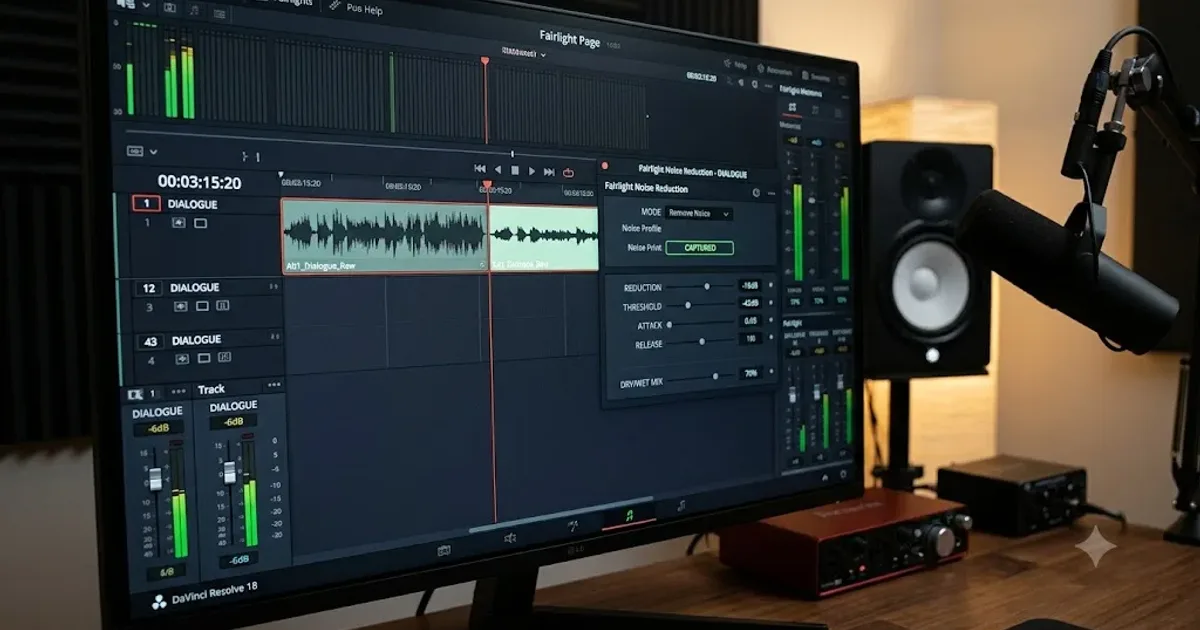Illustration of the DaVinci Resolve Fairlight Noise Reduction plugin removing background noise from a dialogue clip