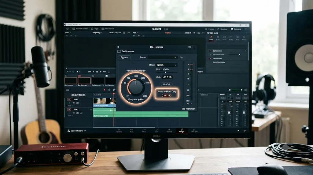 Illustration of the DaVinci Resolve De-Hummer plugin with the Variable frequency knob highlighted