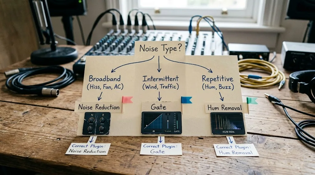 Illustration of a decision flowchart matching noise types to the correct DaVinci Resolve Fairlight plugin