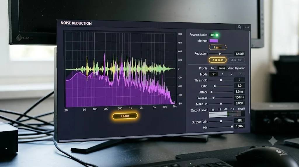 Illustration of the DaVinci Resolve Noise Reduction plugin panel with a purple spectral overlay marking detected noise