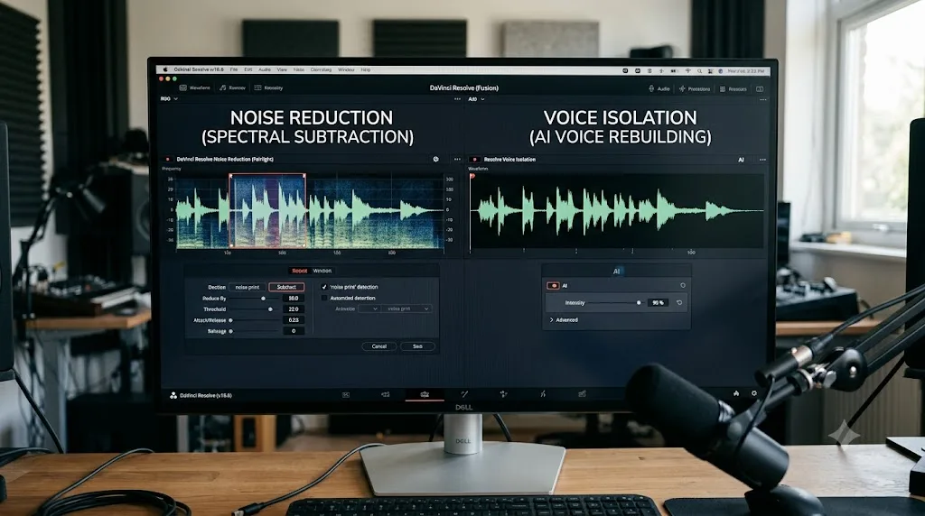 Illustration comparing DaVinci Resolve's Noise Reduction spectral subtraction against Voice Isolation's AI voice rebuilding