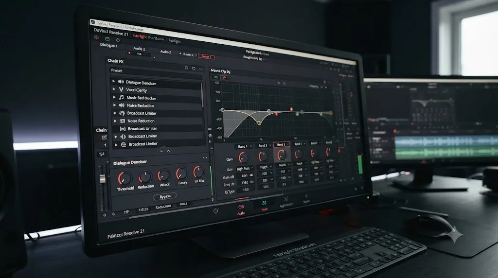 Illustration of the DaVinci Resolve 21 Fairlight Chain FX preset panel next to the 6-band clip EQ
