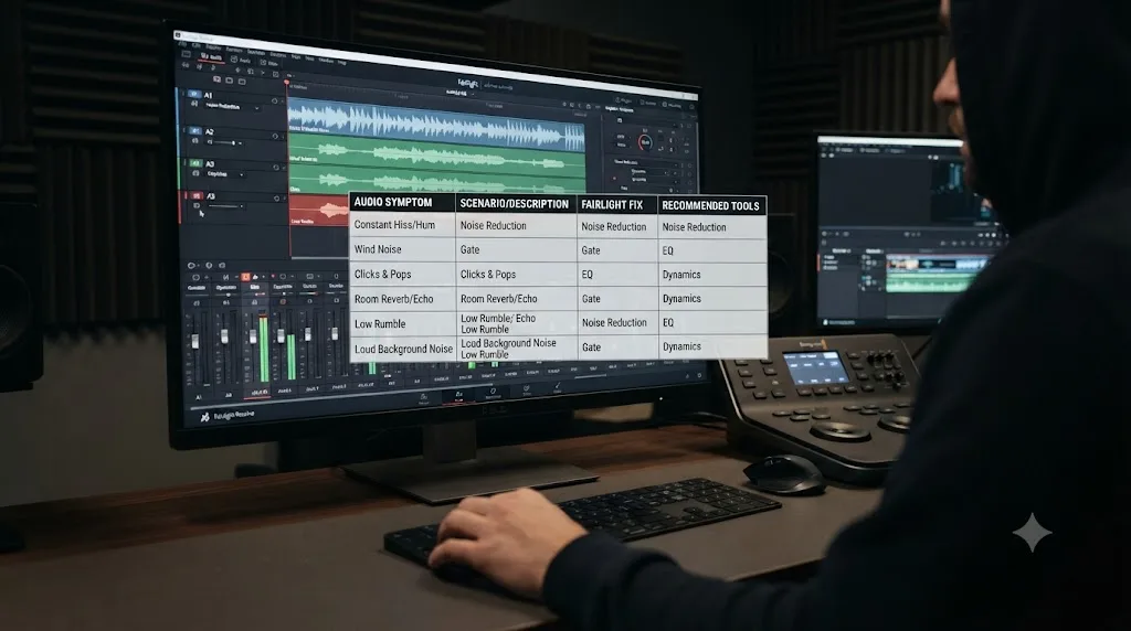 Illustration of a decision table mapping background noise symptoms to the correct DaVinci Resolve Fairlight fix