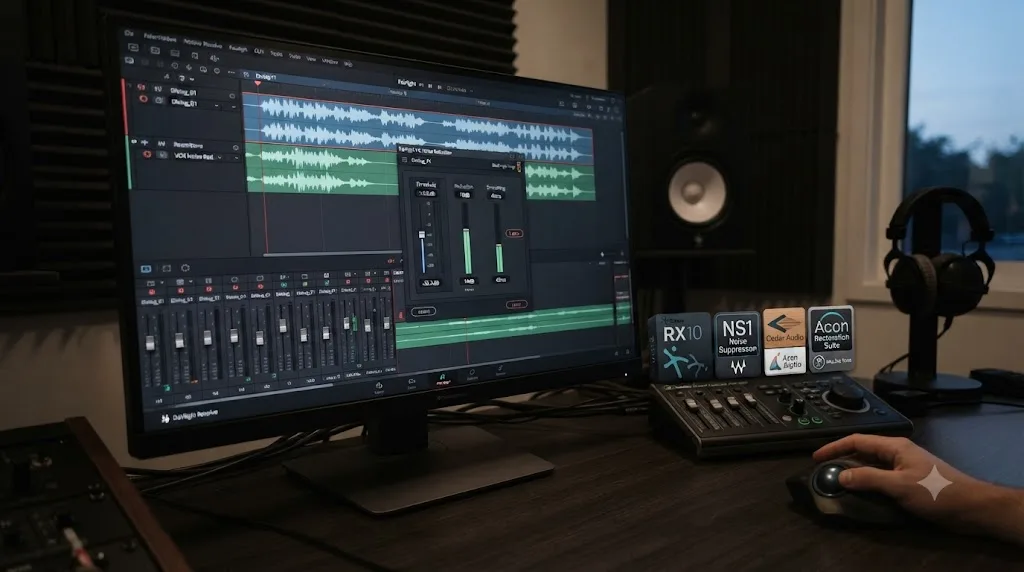 Illustration of DaVinci Resolve's Fairlight page alongside icons representing third-party audio restoration plugins