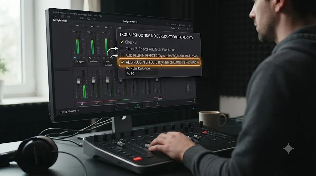 Illustration of a troubleshooting checklist over the DaVinci Resolve Fairlight Mixer showing where plugin effects are added
