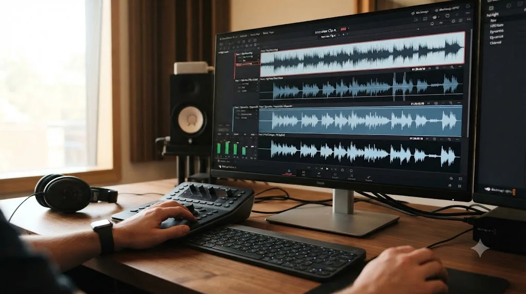 Illustration of a four pass noise cleanup process on a DaVinci Resolve interview clip, from raw to cleaned dialogue