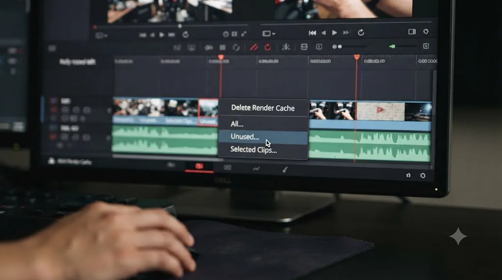 Illustration of DaVinci Resolve's Delete Render Cache menu with All, Unused, and Selected Clips options