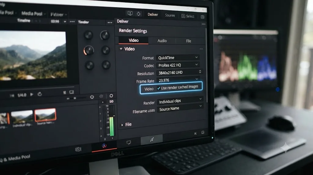 Illustration of DaVinci Resolve's Deliver page Render Settings with the Use Render Cached Images option highlighted
