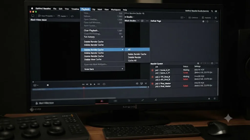 Illustration of the DaVinci Resolve Deliver page advanced settings showing Data Levels and Color Space Tag options next to a crushed preview frame