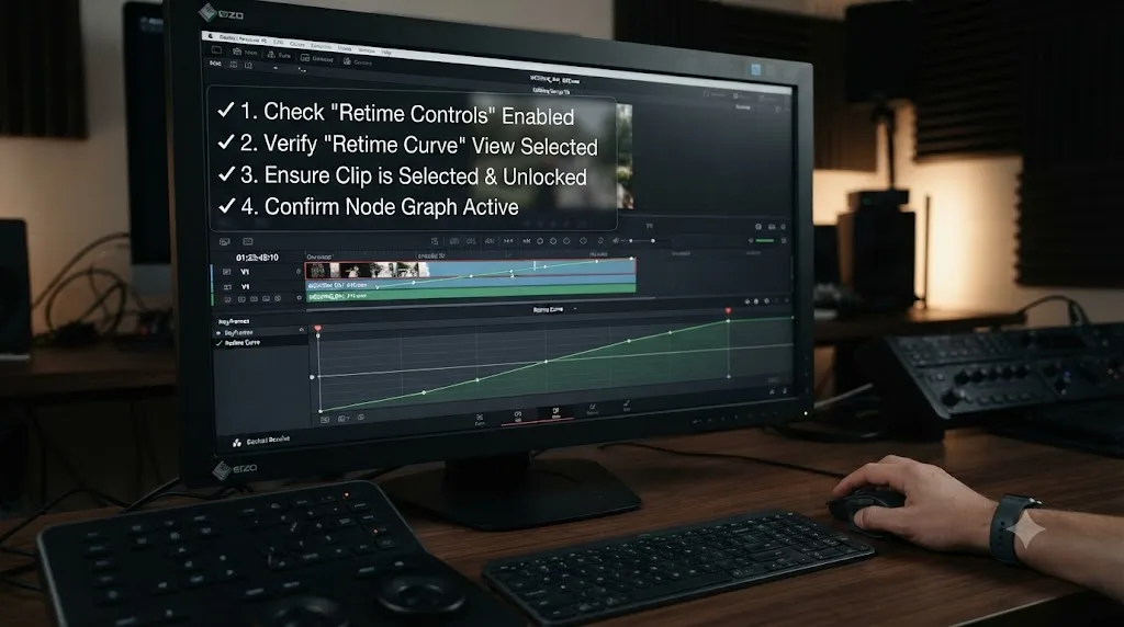 Illustration of a numbered troubleshooting checklist overlaid on a correctly displayed DaVinci Resolve retime curve