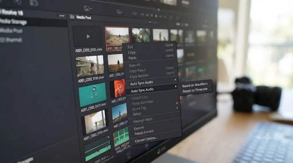 Illustration of the DaVinci Resolve right-click menu showing the Auto Sync Audio option with Waveform and Timecode sync choices