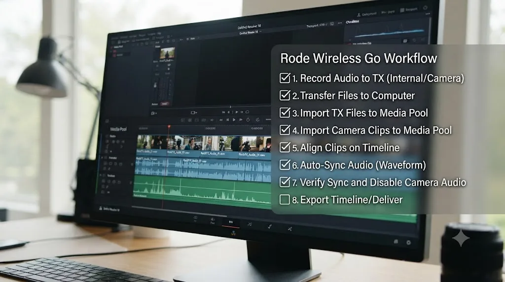 Illustration of a numbered eight step checklist overlay on a DaVinci Resolve project for the Rode Wireless Go audio import workflow