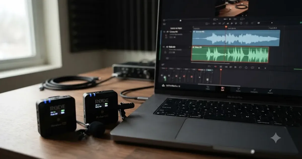 Illustration of a Rode Wireless Go transmitter and receiver beside a DaVinci Resolve timeline with synced audio and video tracks