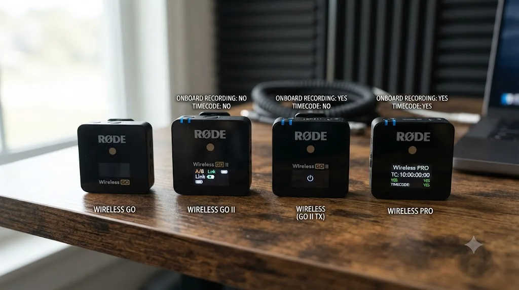 Illustration comparing four Rode Wireless Go transmitter models and their onboard recording and timecode capabilities