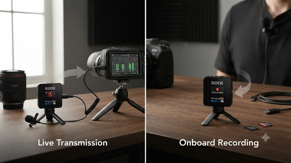 Illustration comparing a Rode Wireless Go transmitter feeding live audio to a camera versus recording onboard to its own memory
