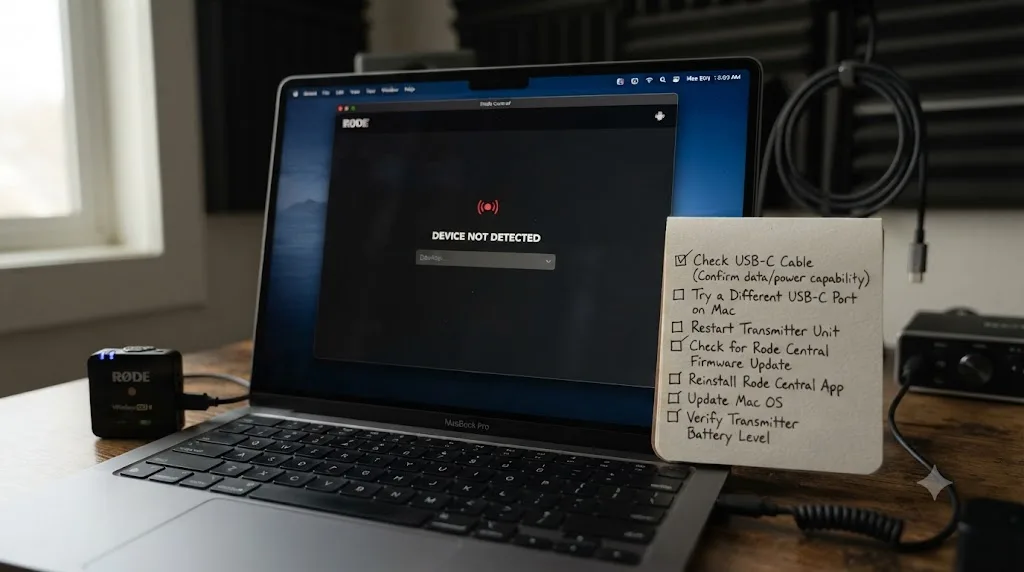 Illustration of the Rode Central app failing to detect a transmitter next to a troubleshooting checklist for cable, port, and firmware fixes