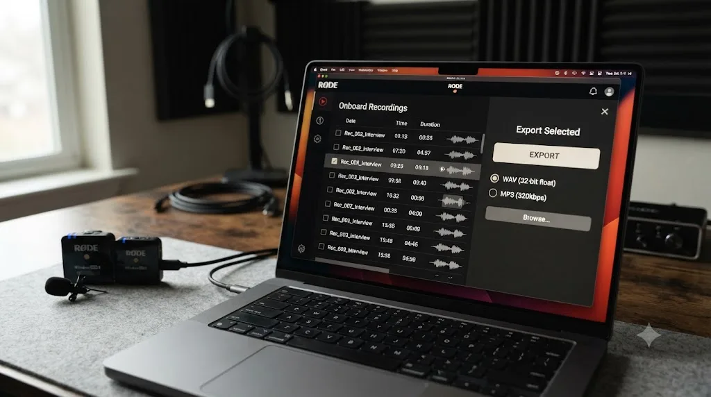 Illustration of the Rode Central app listing onboard recordings with export format options for WAV and MP3