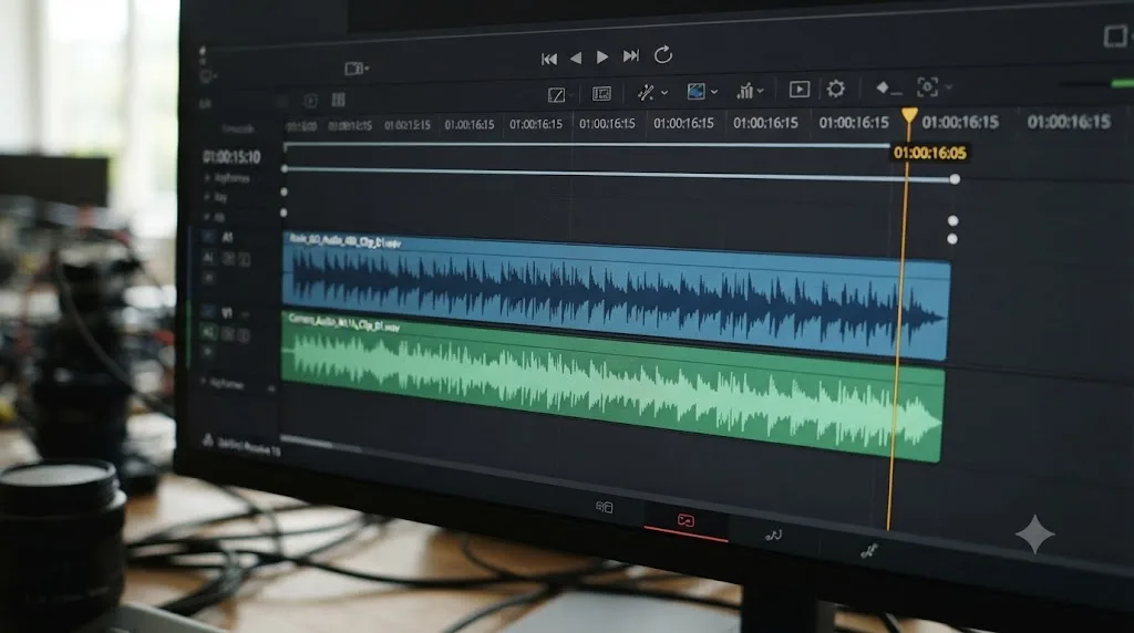 Illustration of a 48kHz Rode Wireless Go audio waveform and a 44.1kHz camera audio waveform gradually drifting apart on a DaVinci Resolve timeline