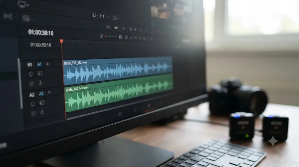 Illustration of two Rode Wireless Go II transmitters in Split mode routing separate audio channels to a DaVinci Resolve timeline