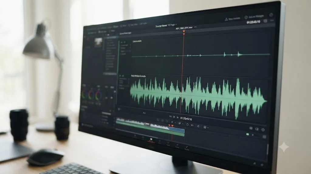 Illustration of a DaVinci Resolve Source viewer comparing a near-silent camera audio track against a healthy Rode Wireless Go waveform