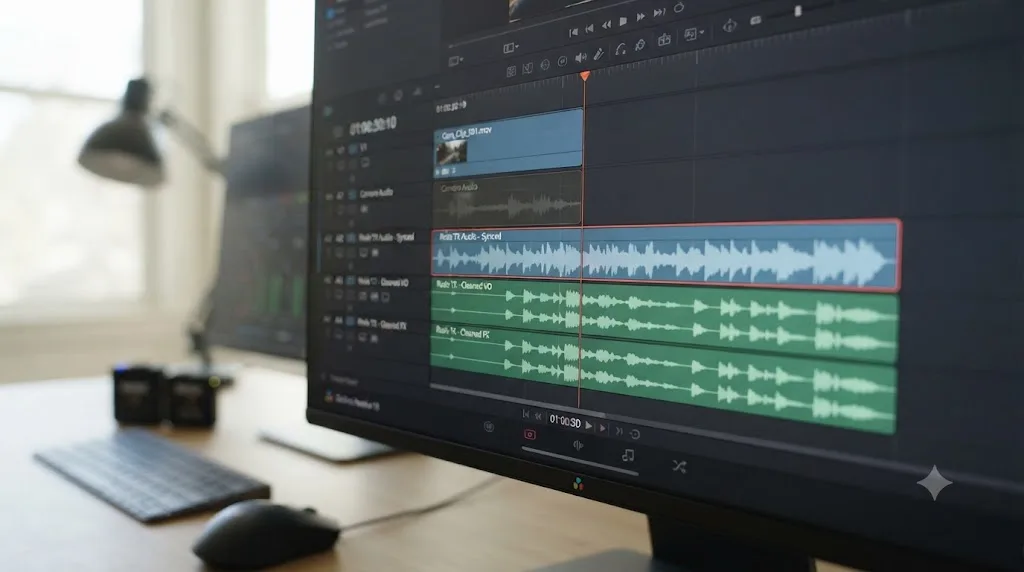 Illustration of a worked example DaVinci Resolve timeline showing a solo shoot's camera clip and Rode Wireless Go audio synced and cleaned up
