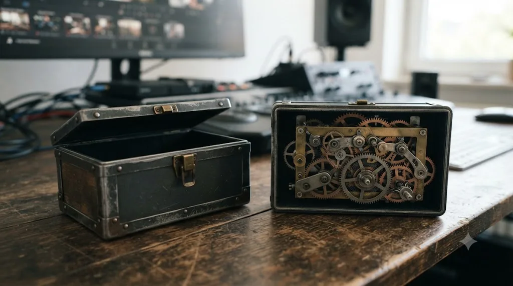 Illustration of a video container box holding a separate codec gear mechanism inside it
