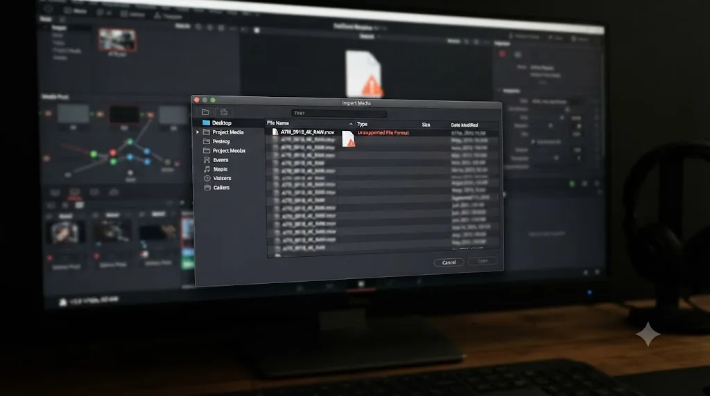 Illustration of a DaVinci Resolve import error reading Unsupported File Format next to a video clip icon
