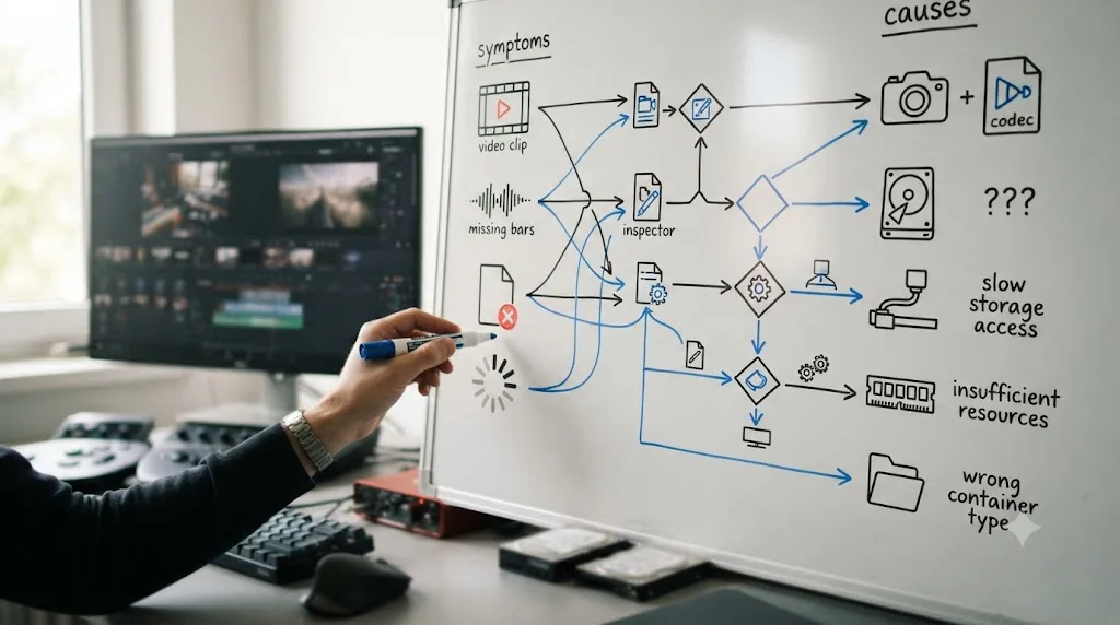 Illustration of a decision tree mapping DaVinci Resolve import symptoms to their underlying causes