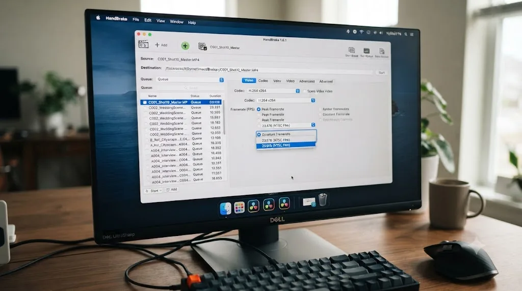 Illustration of HandBrake set to Constant Framerate with a queue of video files ready to convert
