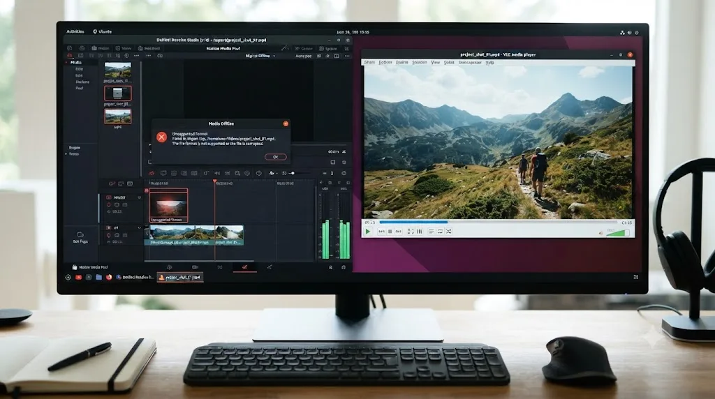 Illustration of DaVinci Resolve on Linux rejecting an MP4 file that plays normally in another application