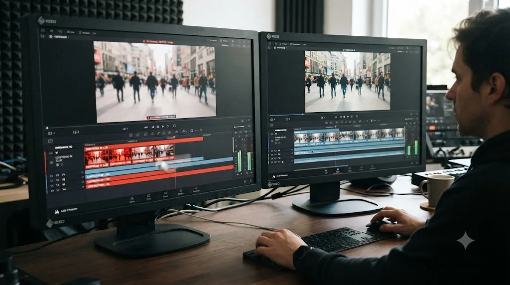 Illustration of a timeline scrubber stuttering on compressed footage next to smooth playback on ProRes footage