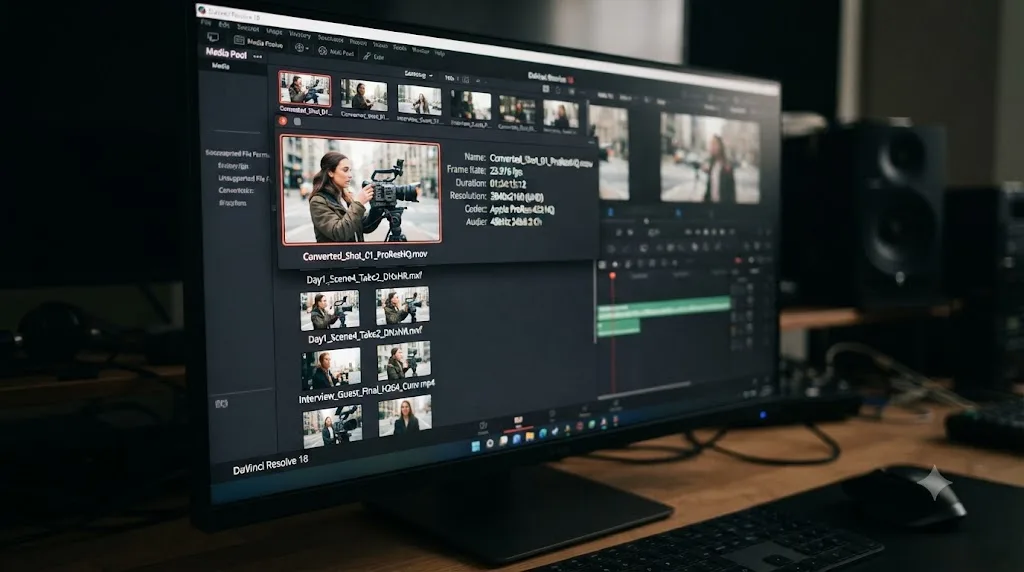 Illustration of a video clip successfully imported into DaVinci Resolve's Media Pool after conversion