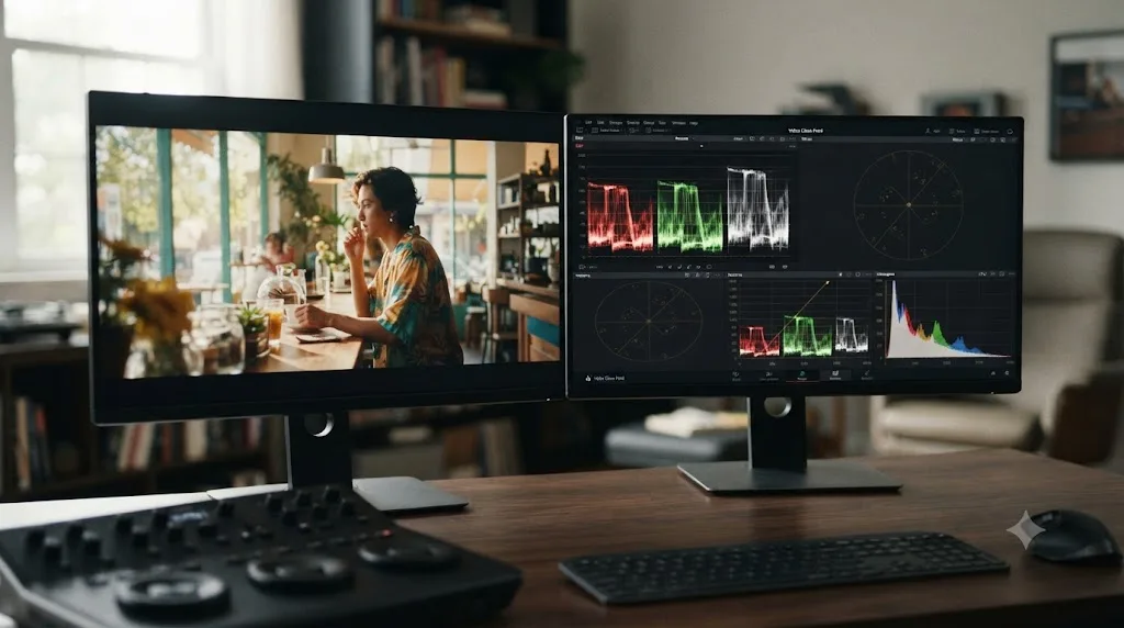 Illustration comparing DaVinci Resolve's Video Clean Feed full-screen picture output against a separate monitor showing only scopes