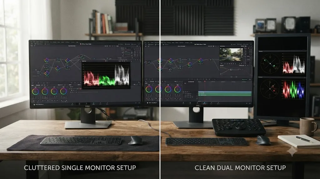 Illustration comparing a cluttered single-monitor DaVinci Resolve layout with overlapping scopes against a clean two-monitor layout with scopes fully separated