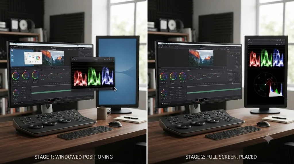 Illustration of DaVinci Resolve's scopes panel being positioned while windowed, then staying correctly placed after switching to full screen mode