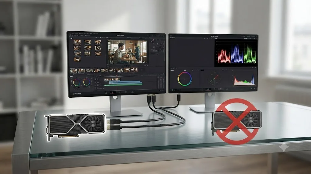 Illustration of a single GPU feeding two monitor outputs, one showing a timeline and one showing scopes, with an unnecessary second GPU crossed out