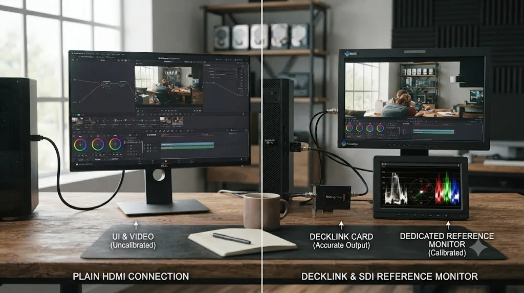 Illustration comparing a plain HDMI monitor connection against a DeckLink capture card feeding a calibrated SDI reference monitor